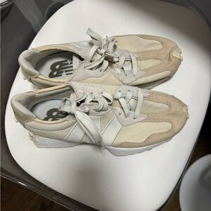 New Balance 327 khaki and white shoes